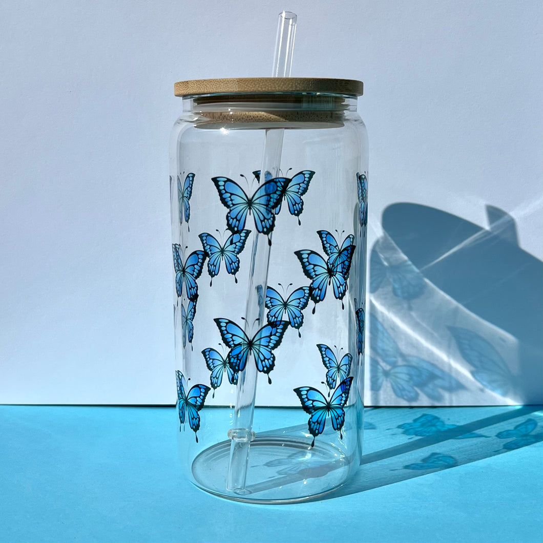 Clear Glass Tumbler - Blue Butterfly