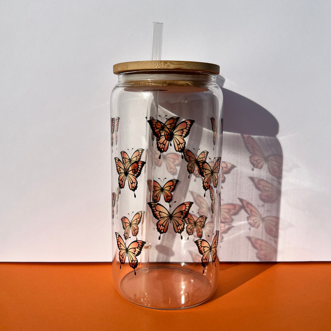 Clear Glass Tumbler - Orange Butterfly